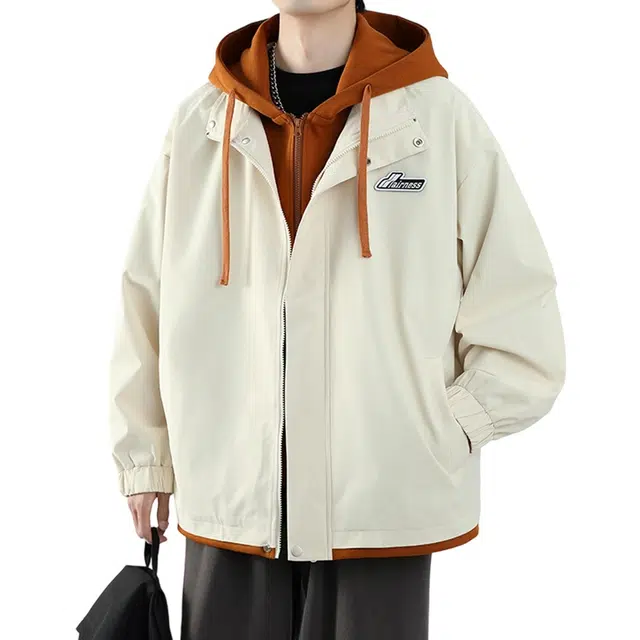 顶峰保罗 假两件连帽拼接外套棒球服无性别主义美式防风直筒宽松大码上衣休闲百搭简约时尚潮牌高街夹克 男女同款