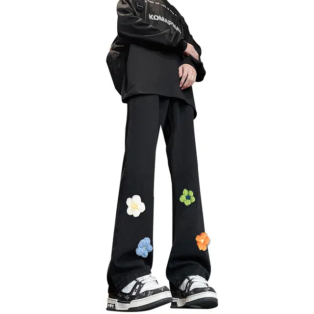 【3D立体线绒刺绣】布客行 美式高街微喇修身显高显腿长潮牌花卉休闲百搭长裤子复古水洗做旧文艺风通勤弯刀弹力牛仔裤 男女同款