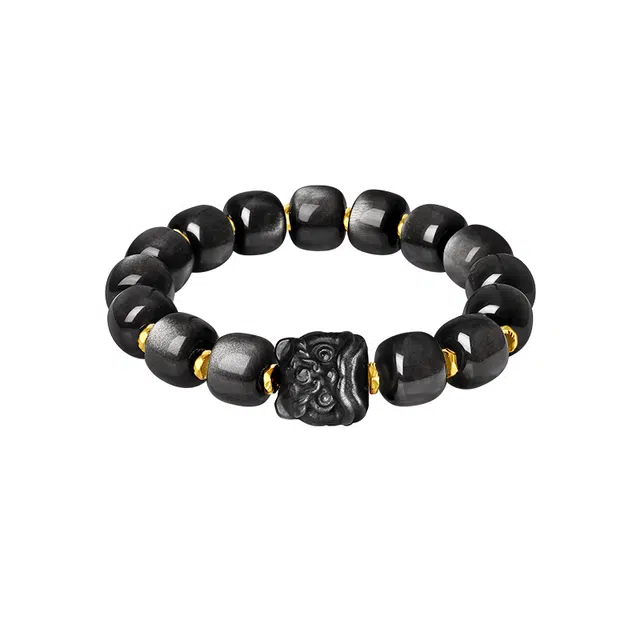 周大生 吉祥醒狮轻奢质感黑曜岩大气复古新中式 高级设计感银曜石 男友老公约会通勤百搭#好运 情侣定情信物 黑曜石 手串 男款