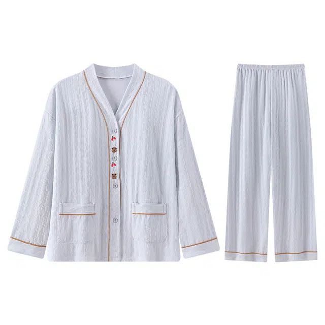 向薇 女士春夏秋冬季棉质长袖长裤薄款休闲纯色可外穿家居服睡衣套装 女款