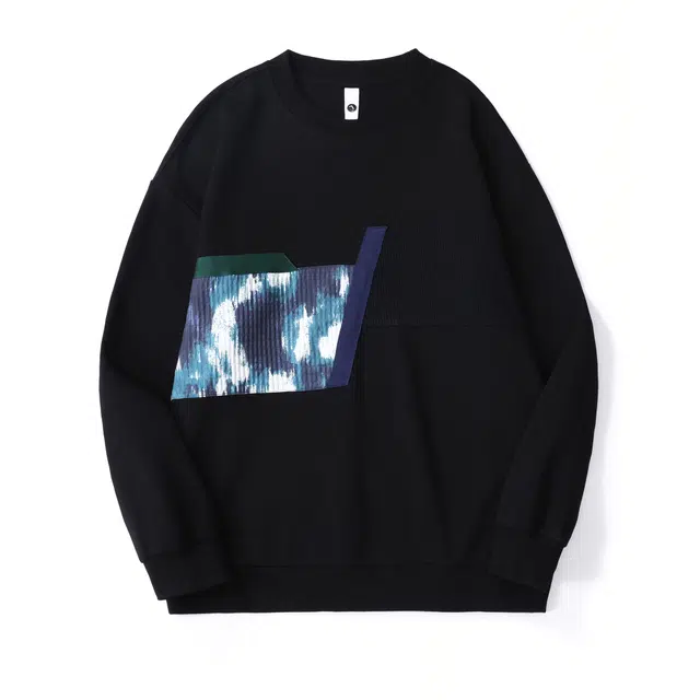 希越 设计感贴布拼接男士宽松大码日系潮牌圆领打底衫卫衣 男款