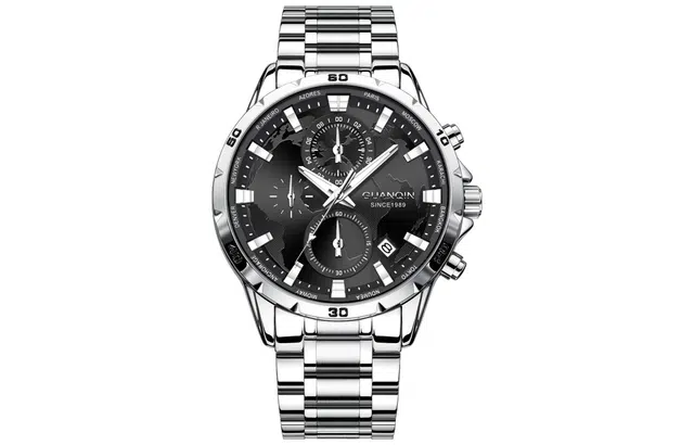 冠琴 地球之心系列 多功能时尚国产三眼计时潮流 石英机芯 钢表带 国表 男表 黑色表盘 夜光防水学生腕表