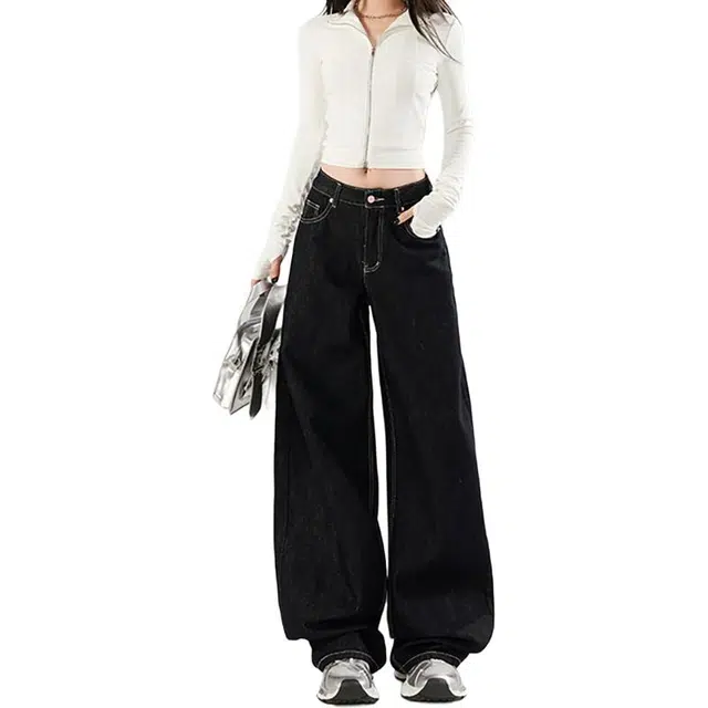 如续 爱心印花原色设计直筒宽松休闲拖地牛仔裤 女款