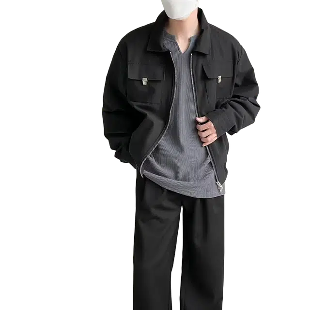 一碗士多 美式复古小众百搭高街简约卡扣式口袋双头拉链设计纯色通勤日常户外高肩痞帅休闲翻领夹克 男女同款