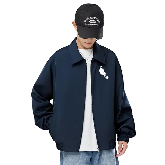 图兰朵 日系复古基础款纯色简约嘻哈学院风字母印花潮流痞帅高级感落肩拉链设计柔软舒适休闲百搭运动飞行员夹克 男女同款