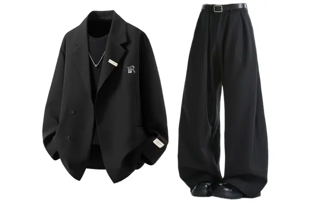 梓润格 秋季港风高级双开衩设计感金属搭扣装饰飒酷西服外套美式复古千鸟格休闲百搭阔腿西裤西装套装 男女同款