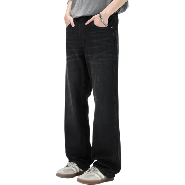 隐狼世家 纯棉阔腿男宽松美式水洗做旧重磅直筒长裤牛仔裤 男款