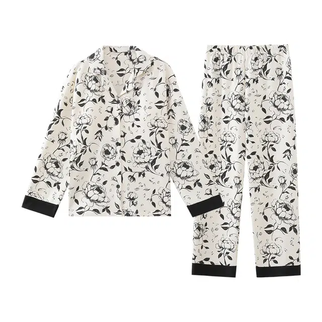 莫代尔 气质舒适柔软细腻翻领开衫宽松显瘦长袖长裤家居服可外穿睡衣套装 女款