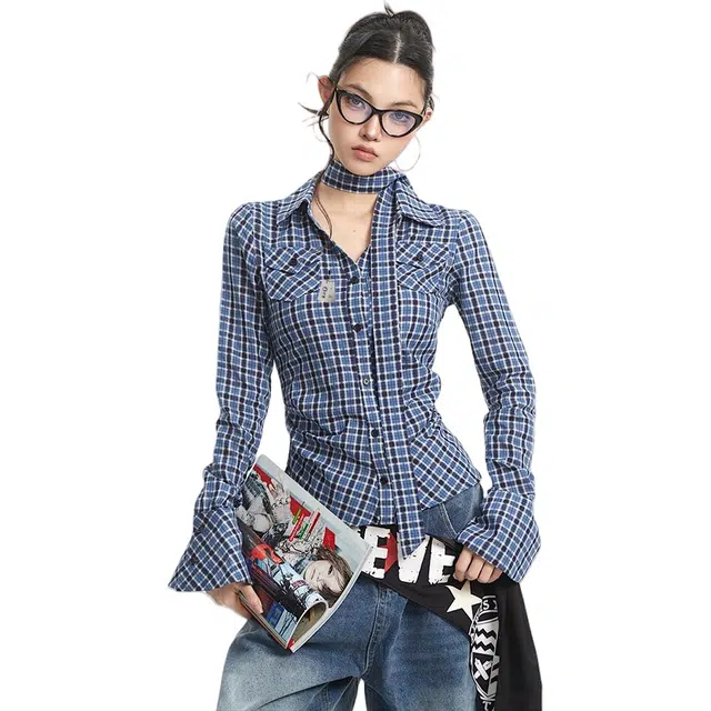 识恩 美式小众设计感学院风格子复古褶皱修身掐腰长袖衬衣女衬衫 女款