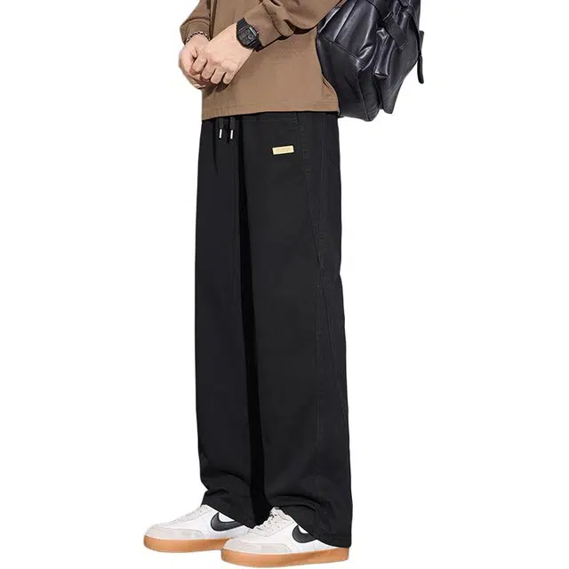 协协乐 美式纯棉工装纯色拼接设计感春秋宽松直筒百搭水洗阔腿拖地裤抽绳运动长裤潮牌休闲裤 男款