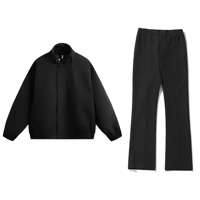 哲源 美式复古基础款简约立领设计感春秋工装夹克搭配纯色垂感抗褶皱西装裤潮牌百搭宽松舒适休闲运动套装 男女同款