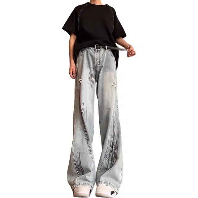 大格子与黑猫 微喇破洞男款夏季直筒修身弯刀裤子青少年工装阔腿裤牛仔裤 男女同款