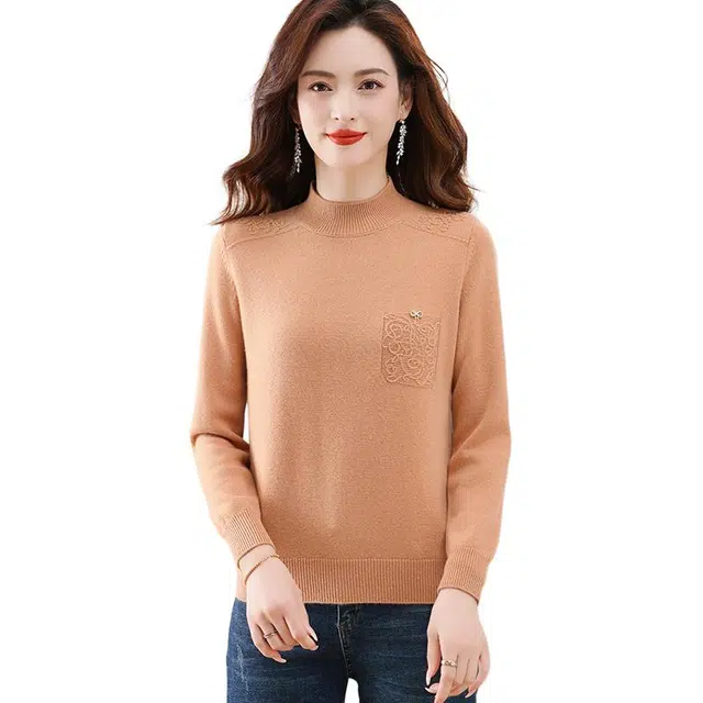 袋鼠 轻盈舒适简约宽松百搭半高领纯色质感绣花羊毛长袖针织衫 女款