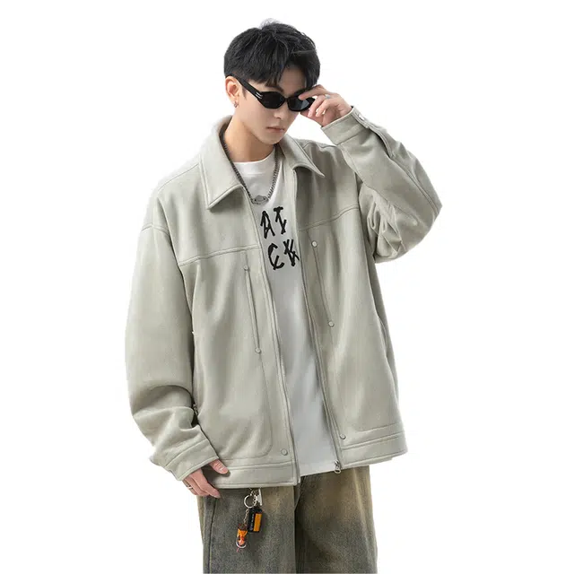 佐菲利 美式复古麂皮绒工装外套潮牌宽松痞帅休闲百搭飞行夹克 男女同款