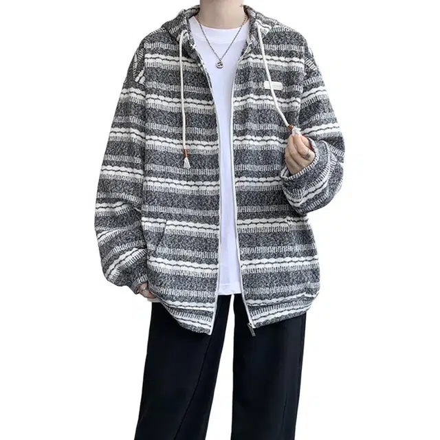 佐菲利 美式慵懒风条纹针织开衫重磅连帽休闲帽衫外套卫衣 男女同款