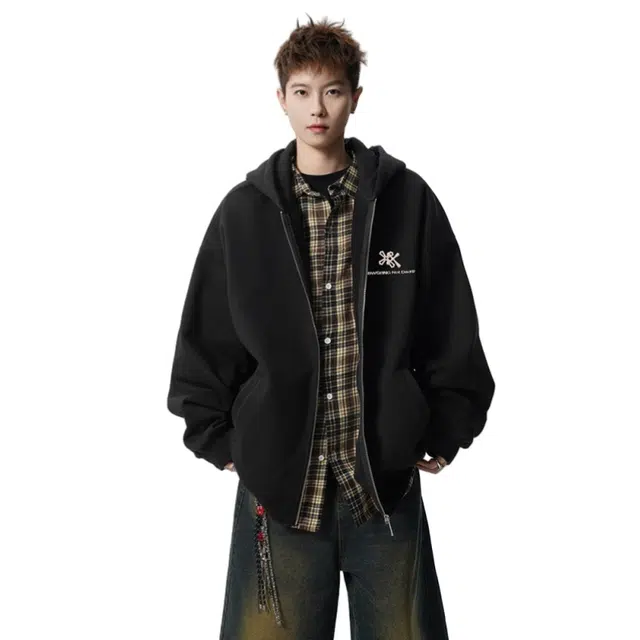 加荣 美式复古潮流印花小众设计款秋男装休闲时尚个性街头高级感连帽开衫男通勤百搭高街风潮酷宽松女秋季卫衣 男女同款