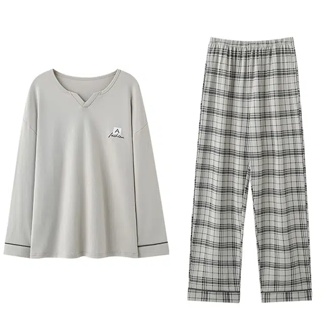 潞优野 纯棉长袖长裤宝藏男生家居服春秋季款全棉可外穿透气亲肤简约百搭纯色 睡衣套装 男款