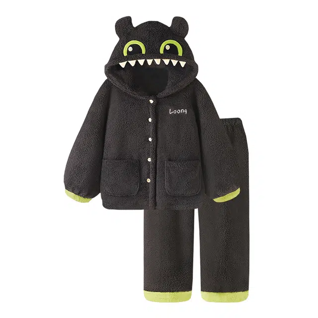 顶瓜瓜 卡通可爱甜美风珊瑚绒保暖加绒加厚连帽秋冬季家居服睡衣套装 男女同款