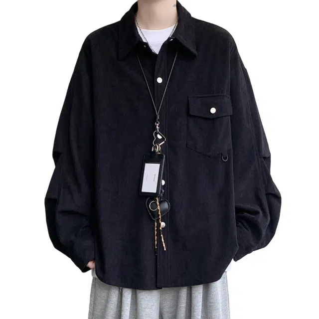 冈哉 纯色口袋拼接灯芯绒纹理翻领工装设计美式复古时尚休闲百搭潮流潮牌长袖衬衫 男女同款