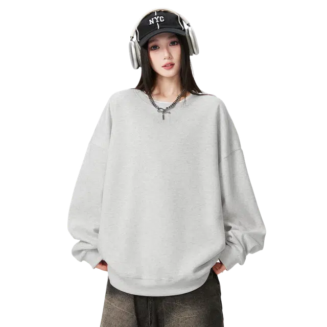 加菲猫家族 美式复古高街潮流基础款纯色简约休闲百搭户外运动通勤舒适透气落肩套头宽松学生党长袖卫衣 男女同款