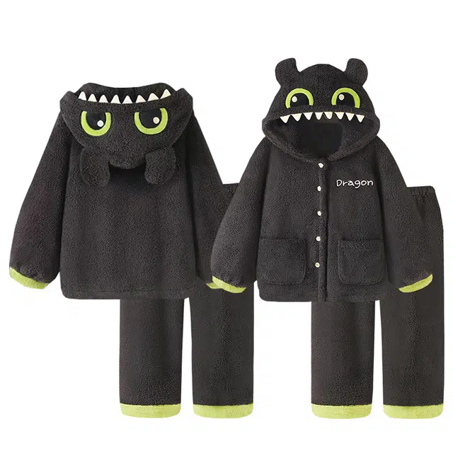 顶瓜瓜 卡通可爱甜美风珊瑚绒保暖加绒加厚连帽秋冬季家居服睡衣套装 男女同款