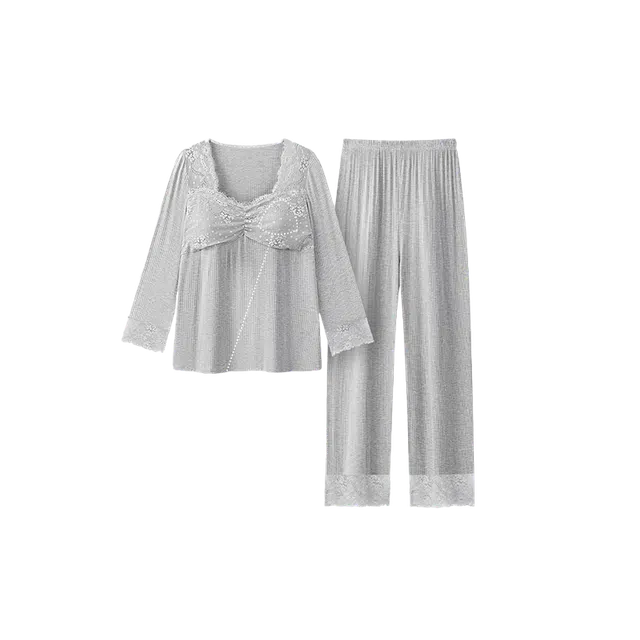 潞优野 优雅高级感莫代尔长袖简约舒适性感蕾丝带胸垫家居服外穿春秋款睡衣套装 女款