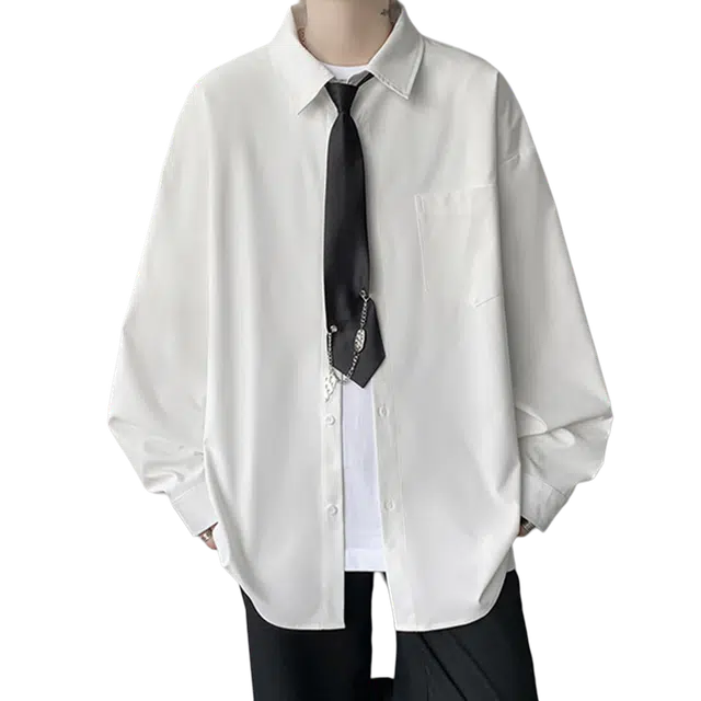 一碗士多 自带领结胸针高级感纯色个性小众设计时尚痞帅美式复古户外通勤日常聚会百搭舒适宽松柔软亲肤单排扣落肩翻领长袖 衬衫 男女同款