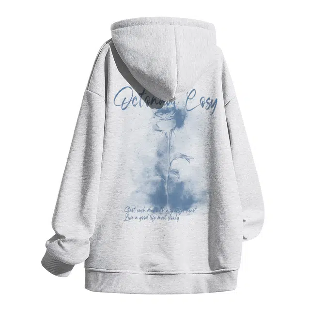 海底小纵队 创意美式复古高街设计感烟雾渐变蓝玫瑰远点彩色字母印花宽松潮流长袖百搭早春连帽衫口袋基础款上衣时尚卫衣 男女同款