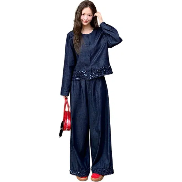 稻草人 时尚花边牛仔上衣阔腿裤两件套穿搭设计感休闲套装 女款