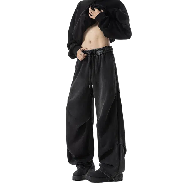 一碗士多 美式复古褶皱仿牛仔简约纯色个性小众高级感设计户外通勤日常百搭长裤慵懒风垂感舒适亲肤水洗宽松松紧腰系带直筒休闲裤 男女同款