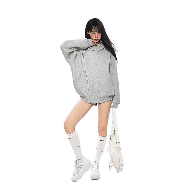 一碗士多 美式复古高街小众简约百搭纯色斜排拉链设计个性时尚宽松舒适柔软日常通勤户外长袖连帽夹克 男女同款