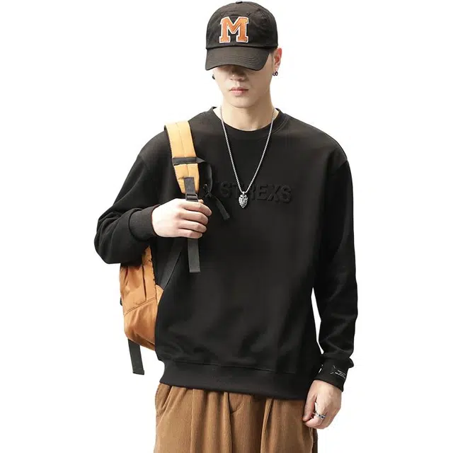 协协乐 圆领长袖男士春秋季宽松套头打底衫字母印花上衣早秋小众设计款卫衣 男款