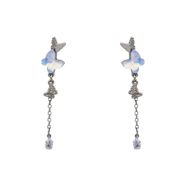 澜耀 春夏蓝色超仙流苏 甜美小清新小众设计高级感耳饰 合金 耳环 女款