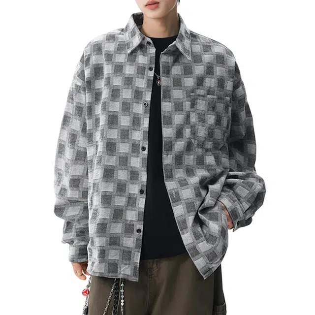 冈哉 美式复古高街做旧棋牌格上衣潮牌痞帅街头宽松休闲百搭落肩袖提花格子衫长袖衬衫 男女同款