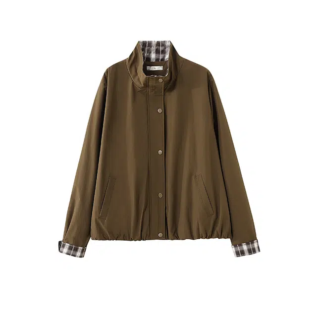 云妃秀 大码女装外套时尚休闲宽松显瘦遮肉胖妹妹格纹立领夹克秋季 女款