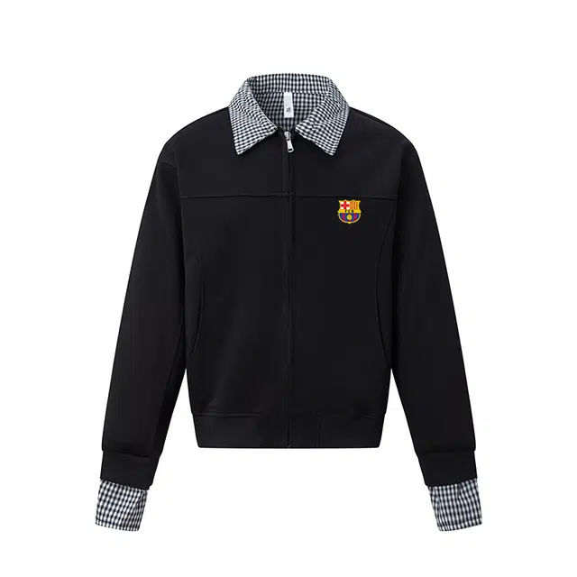 巴塞罗那足球俱乐部 美式高街学院风假两件格子慵懒风日常通勤长袖翻领卫衣 男女同款