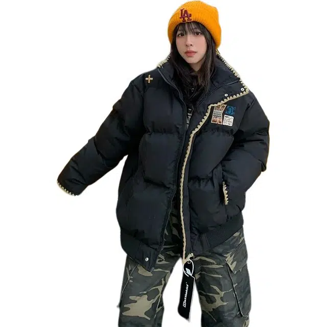 黛尔佳人 民族风刺绣设计感宽松男女冬季情侣装立领棉衣外套面包服 棉服 女款