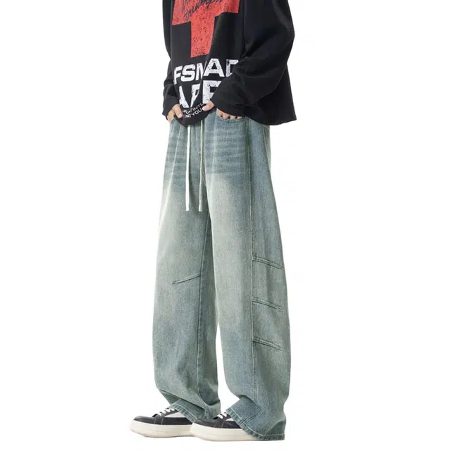 加荣 美式潮牌简约拼接水洗做直筒男秋季舒适勤日常基础款牛仔裤男复古褶皱裤女宽松休闲时尚百搭垂感弹力显瘦女裤子 男女同款