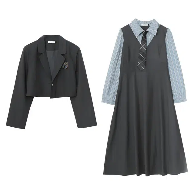 惟友 胖女生秋款秋装胖妹妹显瘦穿搭胖妹妹胖人西服外套连衣裙大码女装裙装套装 女款 复古学院风西装领带