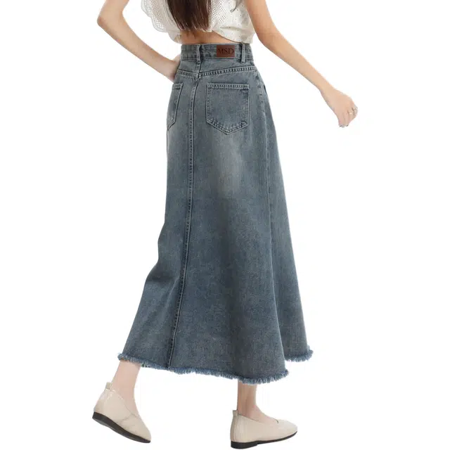 玫丝朵 纯色休闲通勤时尚牛仔长裙 女款 蓝色