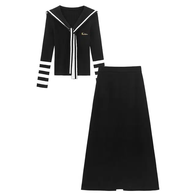 小卷要加油 学院风海军领披肩长袖针织衫女秋季高腰显瘦半身长裙时尚裙装套装 女款