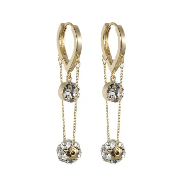 澜耀 金色珠珠镶钻耳坠 气质轻奢时尚百搭复古法式长款个性耳饰 合金 耳环 女款