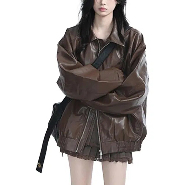 丝絮丝绸 秋冬季宽松时尚潮牌机车服外套皮衣 女款