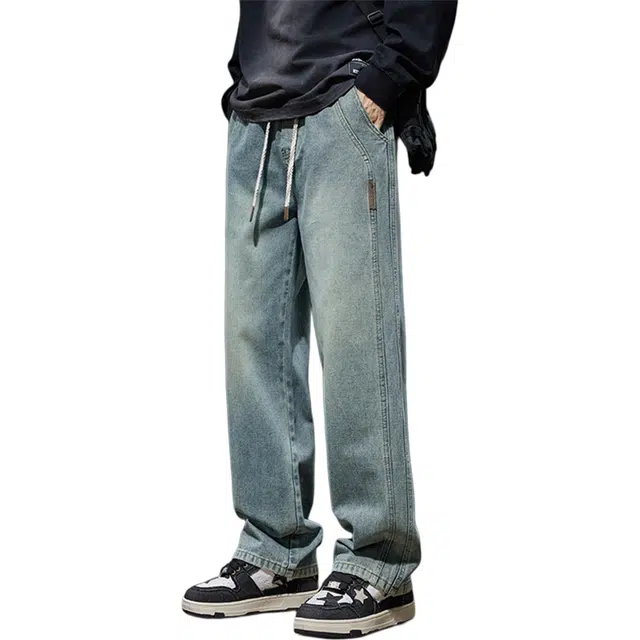 瑞梵帝斯 美式复古风高街阔腿版型抽绳潮流贴标宽松直筒柔软舒适亲肤慵懒松弛日常出街穿搭适配度拉满感秋季时尚牛仔裤 男款
