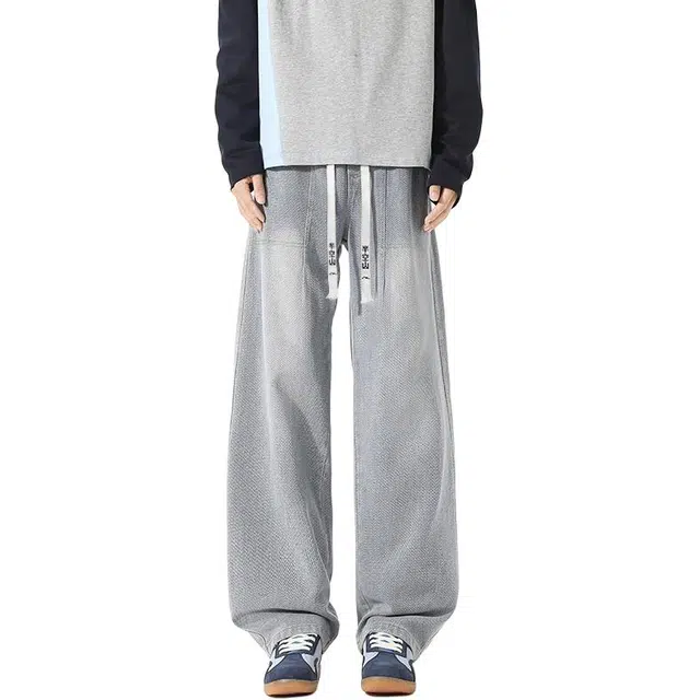 半空山 美式高街复古水洗做旧星空纹废土风松紧腰宽松百搭柔软舒适日常通勤直筒牛仔裤 男女同款