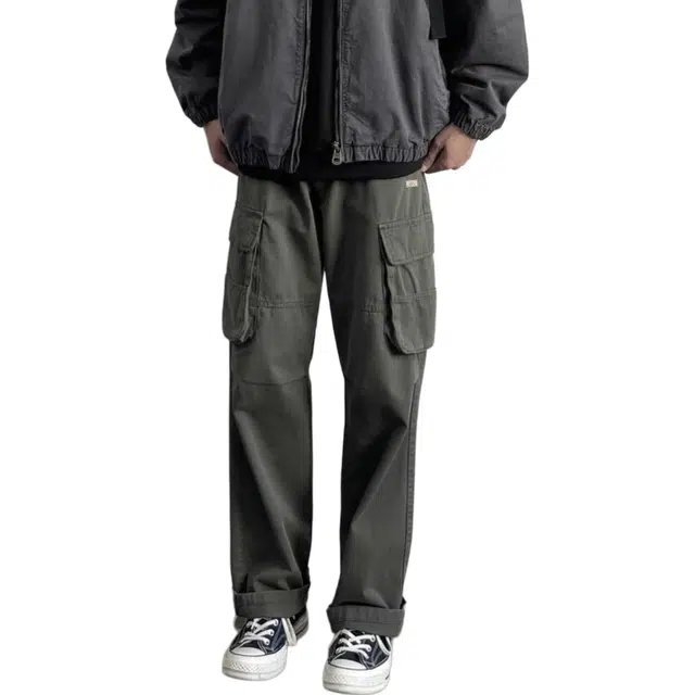 北欧攻略 美式复古多口袋直筒高级感宽松水洗碳素磨毛抽显高显瘦绳松紧腰有型休闲裤工装裤 男女同款