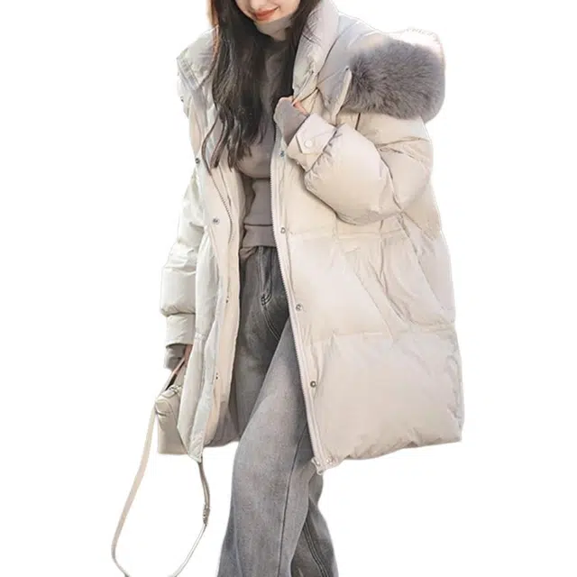 敲模女孩 法式慵懒风纯色淑女中长款宽松型大毛领棉服 女款