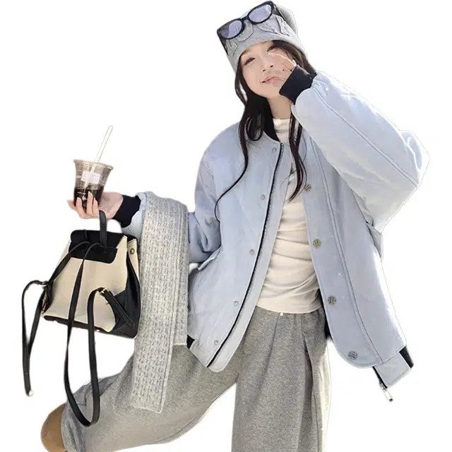 敲模女孩 学院风设计感菱格休闲宽松长袖夹棉夹克 女款