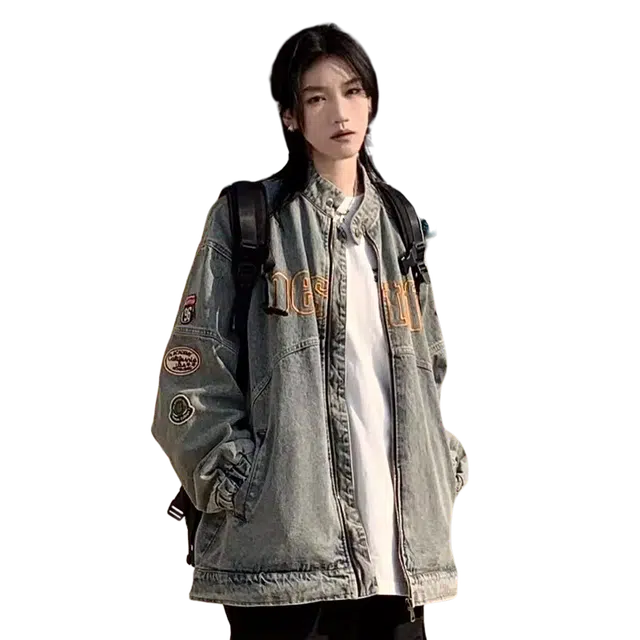 一碗士多 美式复古高街小众百搭做旧水洗痞帅拼接拉链字母印花日常通勤户外纽扣立领长袖牛仔夹克 男女同款