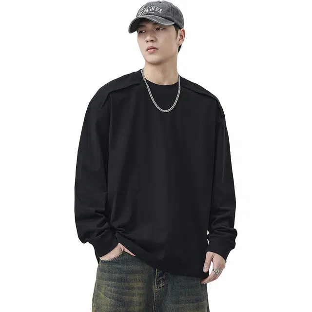 协协乐 圆领男士春秋季百搭打底衫美式潮牌重磅宽松潮流长袖上衣男拼接设计小众款卫衣 男款